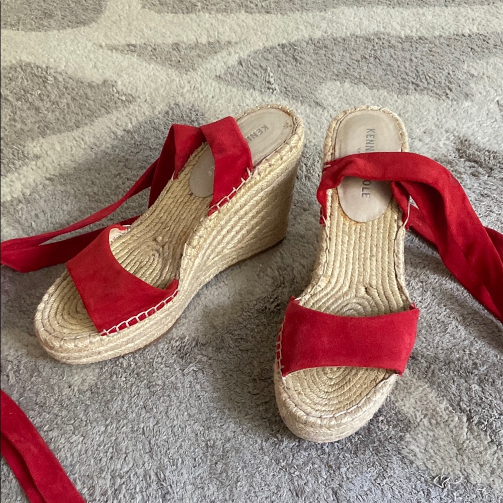 Kenneth Cole Red Espadrille Wedges with Ribbon Straps